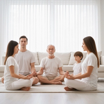 Family practicing mindfulness together, serene setting, soft lighting, no text, no words, no typography, clean image
