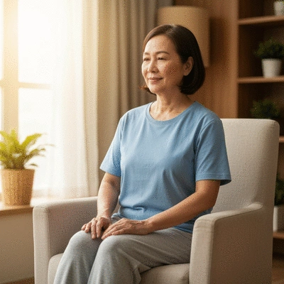 Caregiver practicing self-regulation with deep breathing, calm and composed.