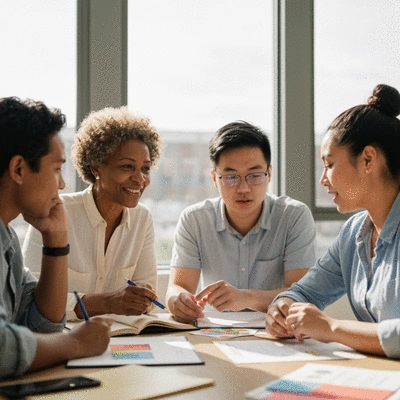 Diverse group of early childhood educators collaborating and sharing ideas in a light-filled professional learning community setting, no text, no words, no typography, clean image