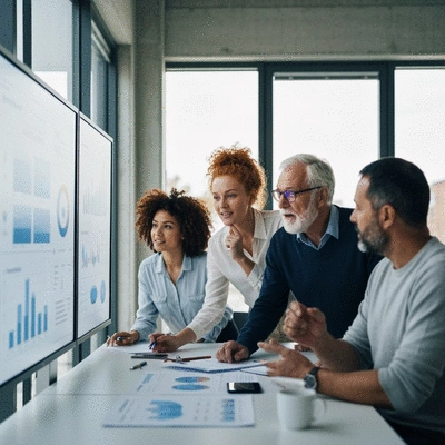 Group of educators collaborating and discussing data on a whiteboard, diverse and professional setting