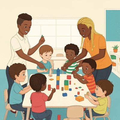 Early childhood educators guiding children in a play-based learning activity, bright and colorful classroom, no text, no words, no typography, clean image