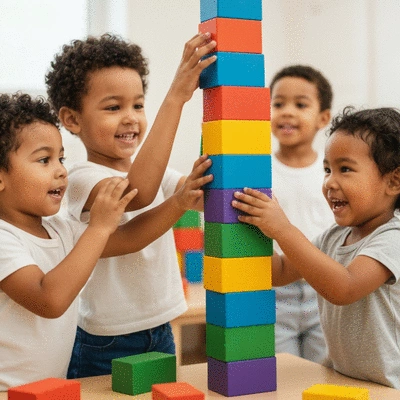 Children engaged in creative play, building with colorful blocks