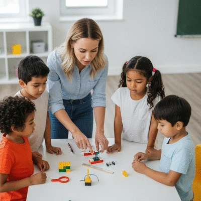 Teacher guiding children in a STEM activity, with building blocks and simple circuits
