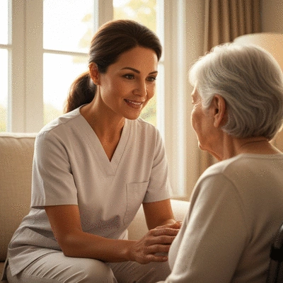 Caregiver and elderly person sharing a moment of understanding, showing empathy and connection.