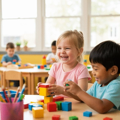 Preschooler engaged in cooperative play, sharing toys and smiling, no text, no words, no typography, clean image