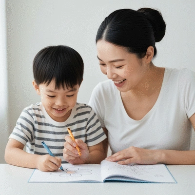 Parent and child engaged in a mindful activity, smiling, soft focus background, no text, no words, no typography, clean image