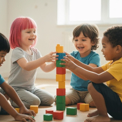Diverse group of preschoolers happily engaged in a cooperative group activity, showing teamwork and positive interaction, no text, no words, no typography, clean image